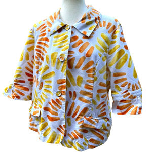 Chico’s Jacket XL 3 Bright Abstract Print Button Front Cotton Blend 3/4 Sleeve